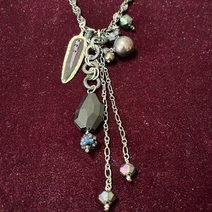 Long Statement Necklace with Dangle Fringe Detail Black Purple Feather